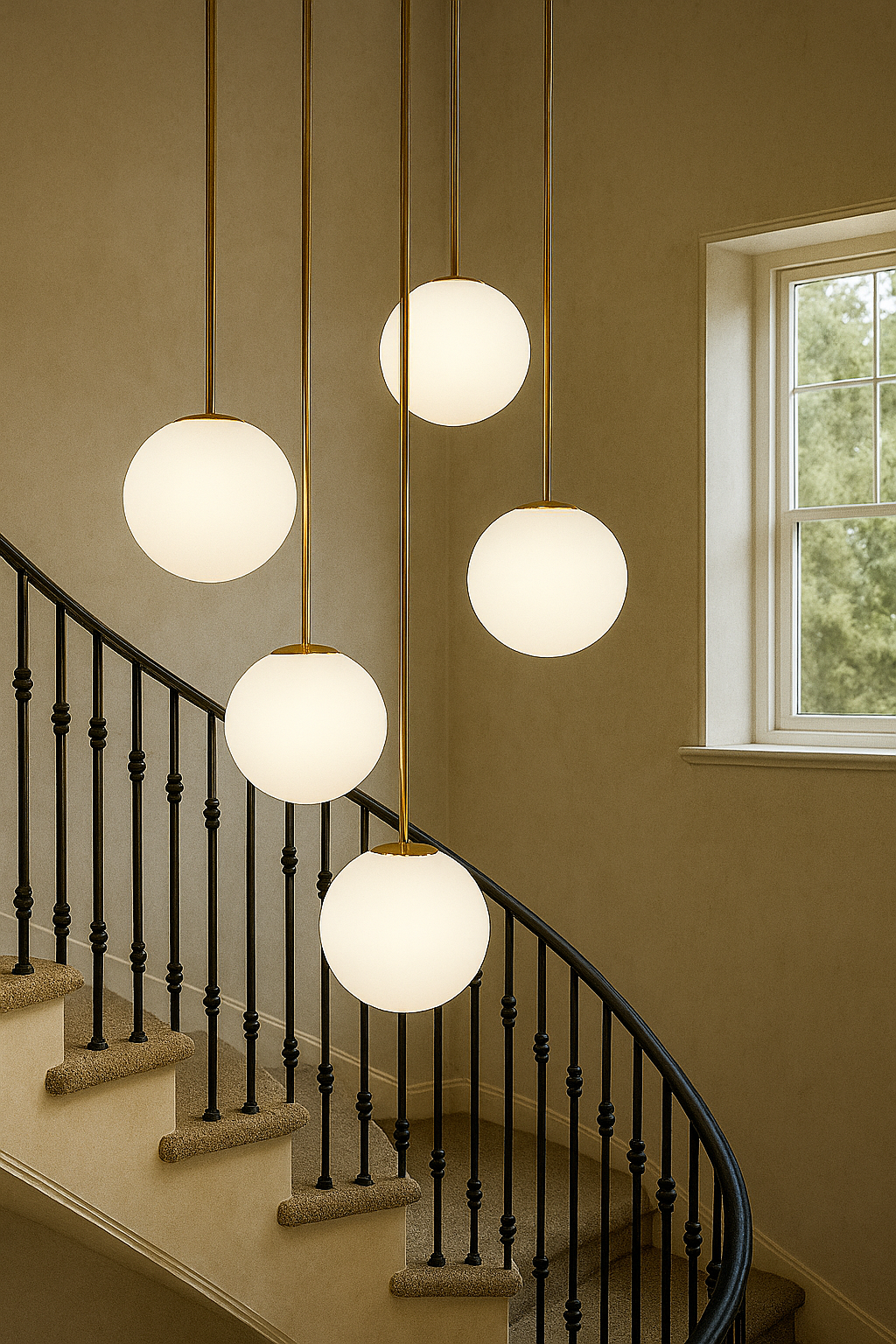 Opaline Milky Glass Brass Rod Mid-century Ceiling Light