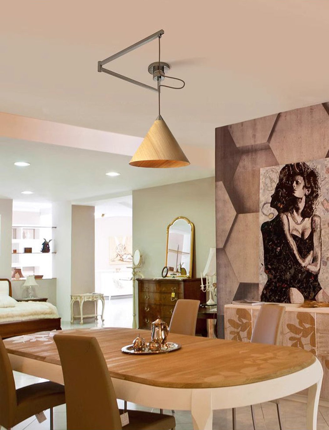Geppetto Swing Arm Wooden Shade Ceiling Light / Pendant Light