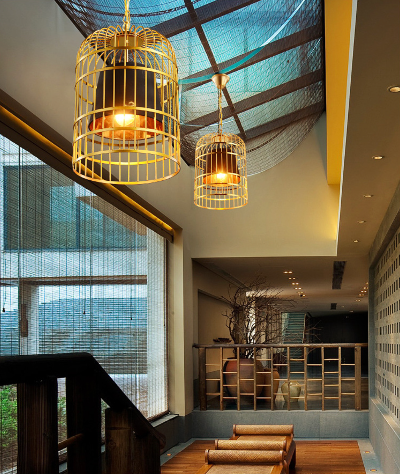 Brass Colour Bird Cage With Black Shade Pendant Light