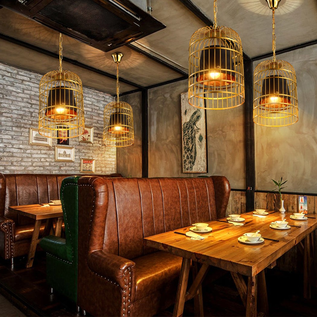 Brass Colour Bird Cage With Black Shade Pendant Light