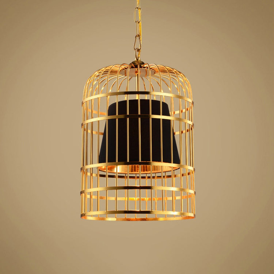 Brass Colour Bird Cage With Black Shade Pendant Light