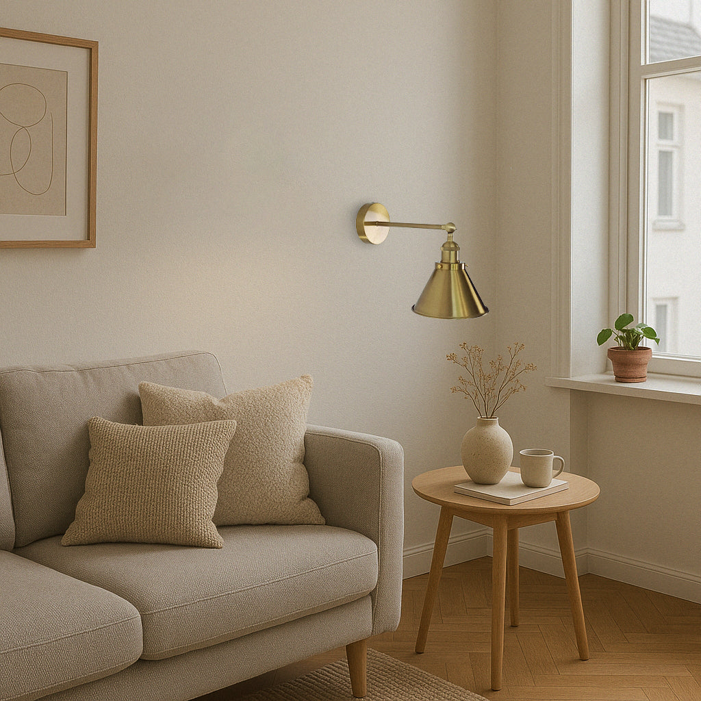 Brass Cone Shade Wall Light With Short Arm