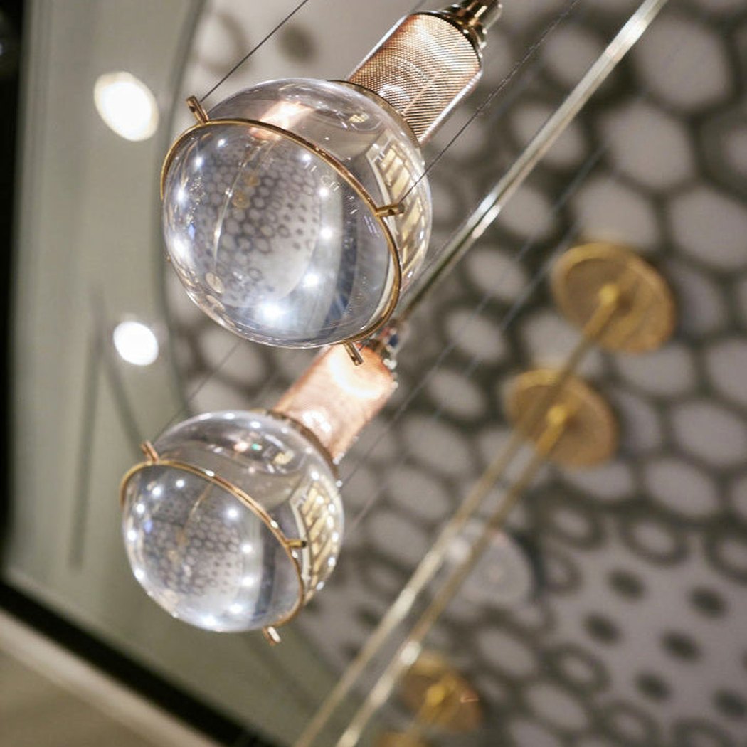 Opal round glass suspended sphere midcentury pendant Light from below
