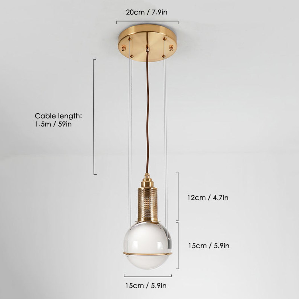 Opal round glass suspended sphere midcentury pendant Light studio image measurements