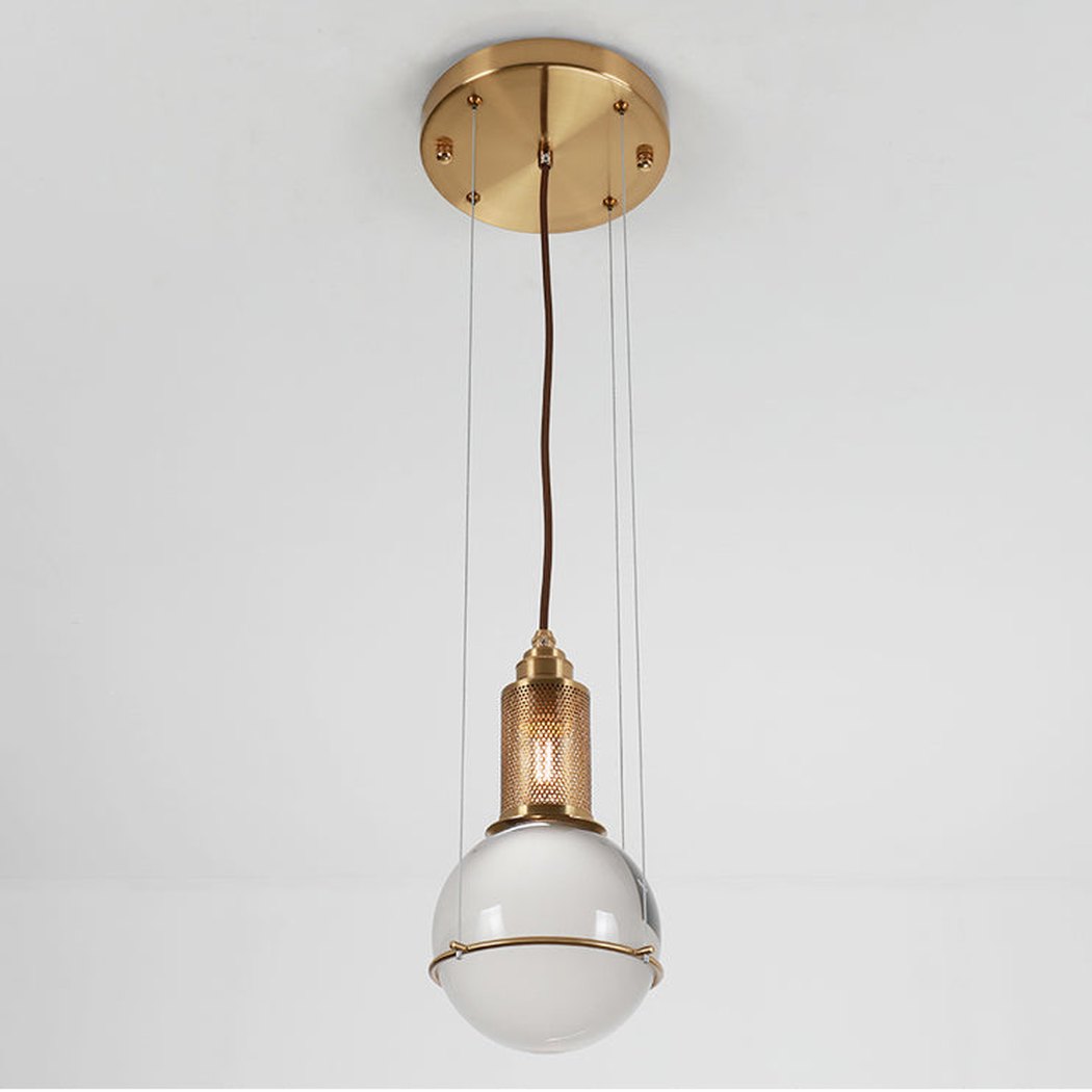 Opal round glass suspended sphere midcentury pendant Light studio image