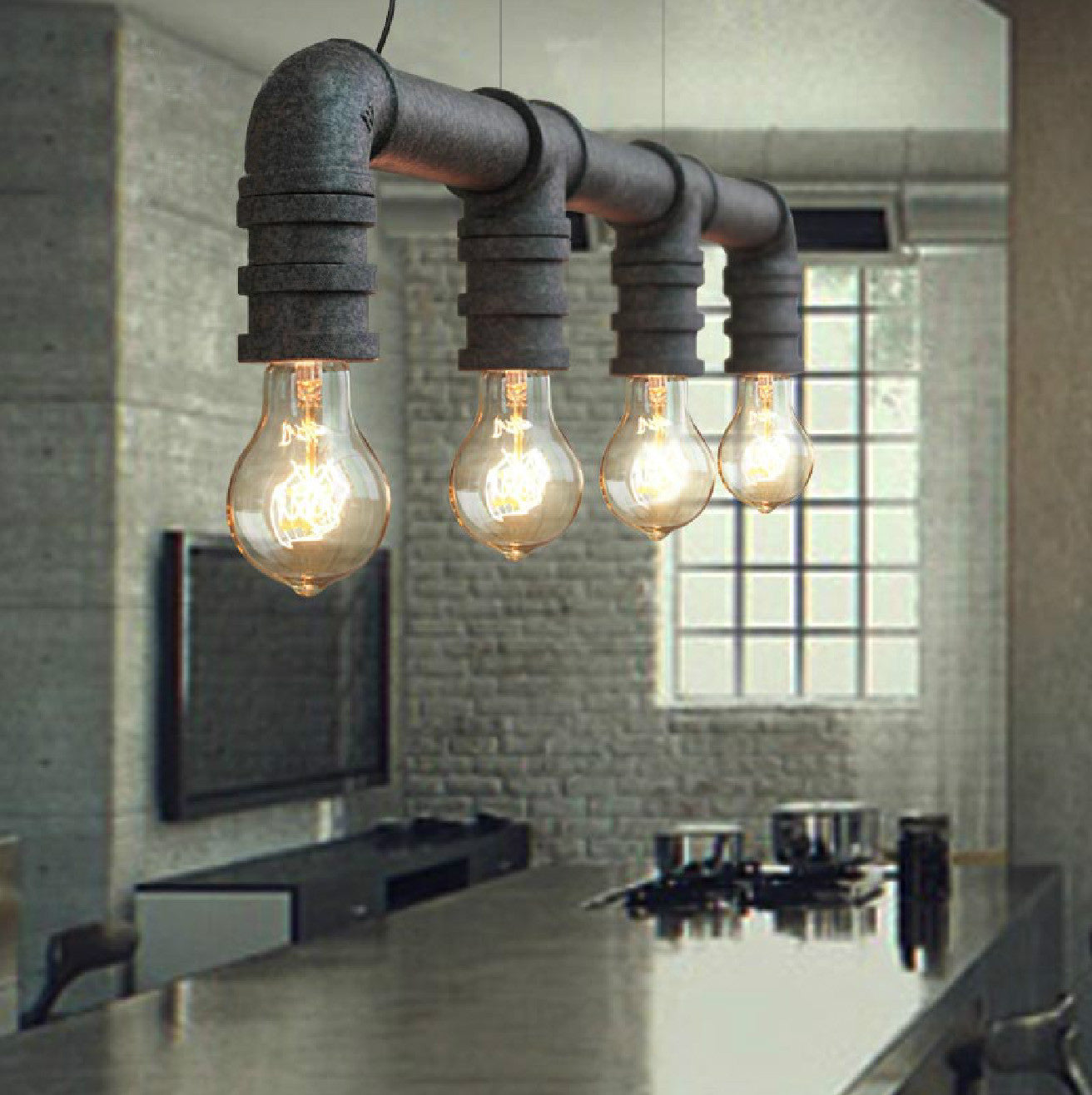 4 Head Water Pipe Industrial Pendant Light in Rustic