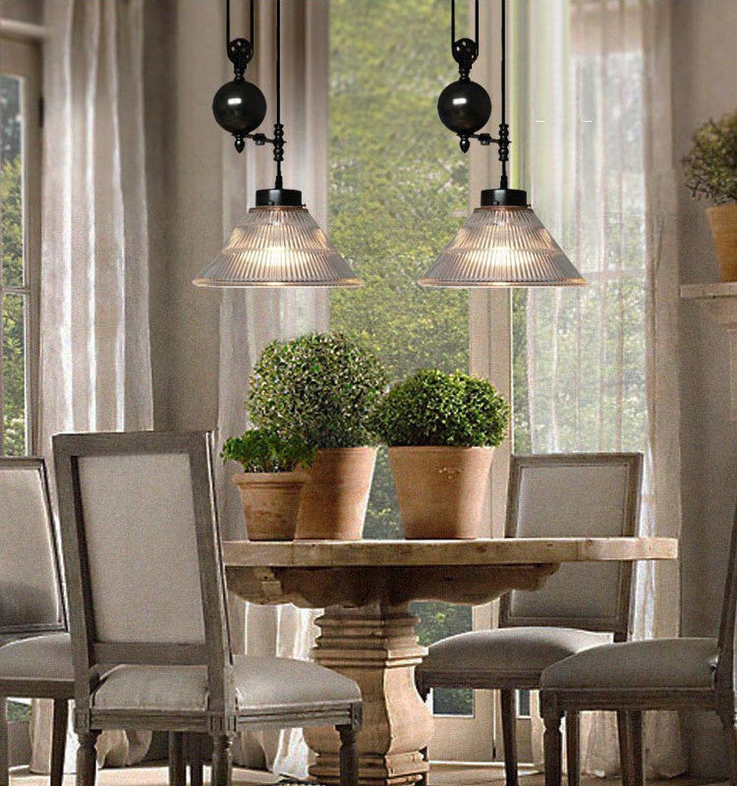 Ribbed Cone Glass Shade Pulley Lamp