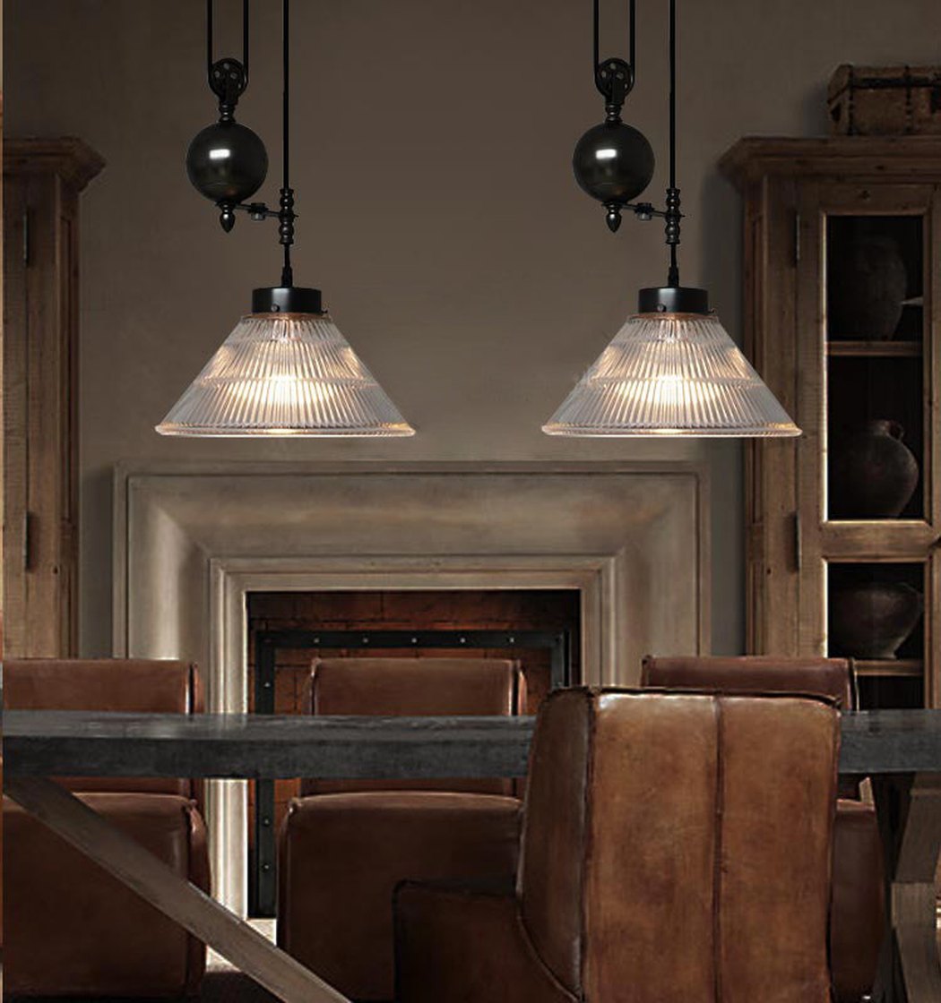 Ribbed Cone Glass Shade Pulley Ceiling light