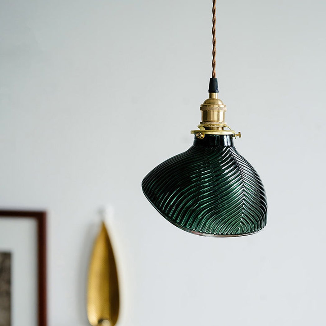 Emerald Green Fluted Shell Glass Art Deco Pendant Light