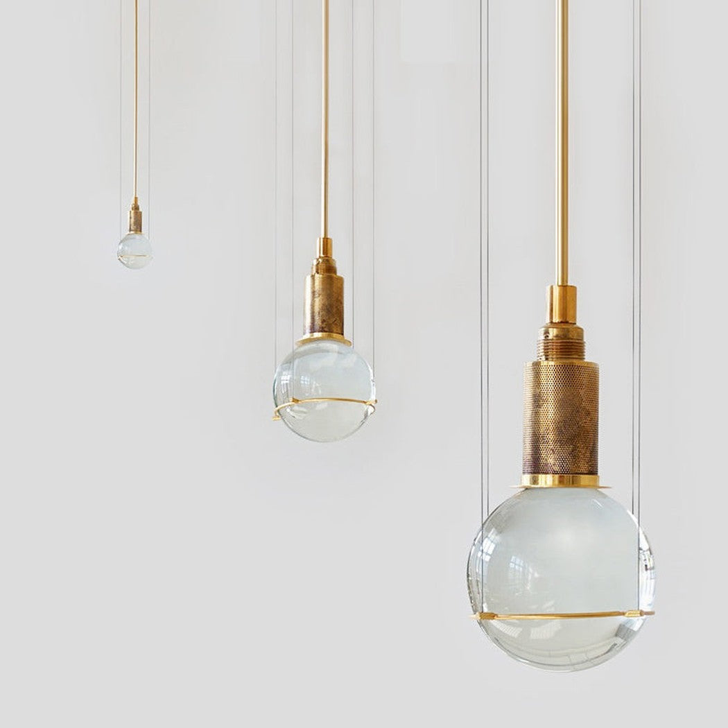 Opal round glass suspended sphere midcentury pendant Light studio image in trio