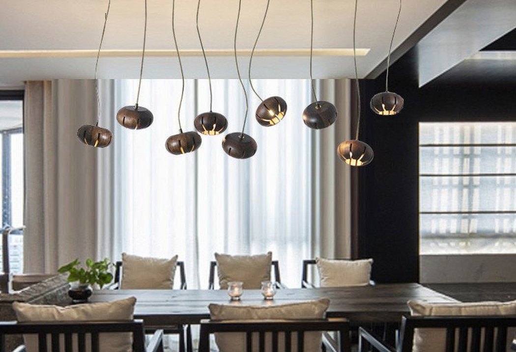 Wooden flower petal strip on copper wire pendant light