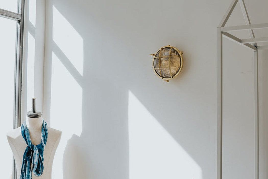 Nautilus Round Brass cage outdoor wall light / ceiling light
