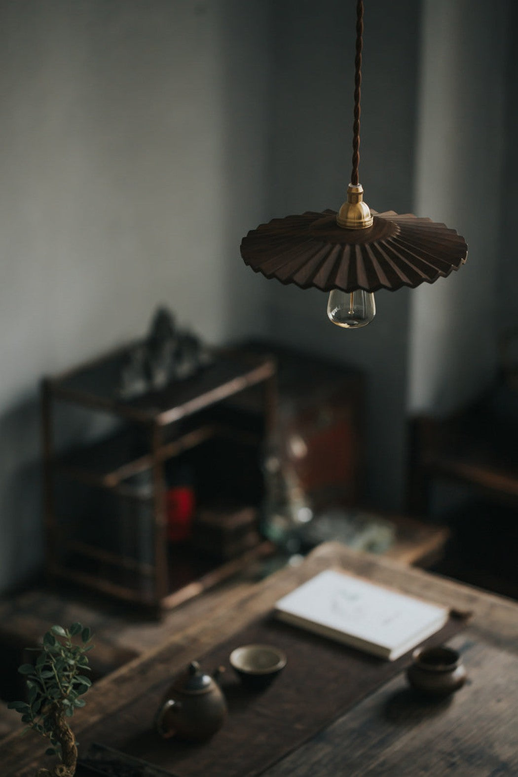 Caffeine fluted walnut wooden shade pendant light