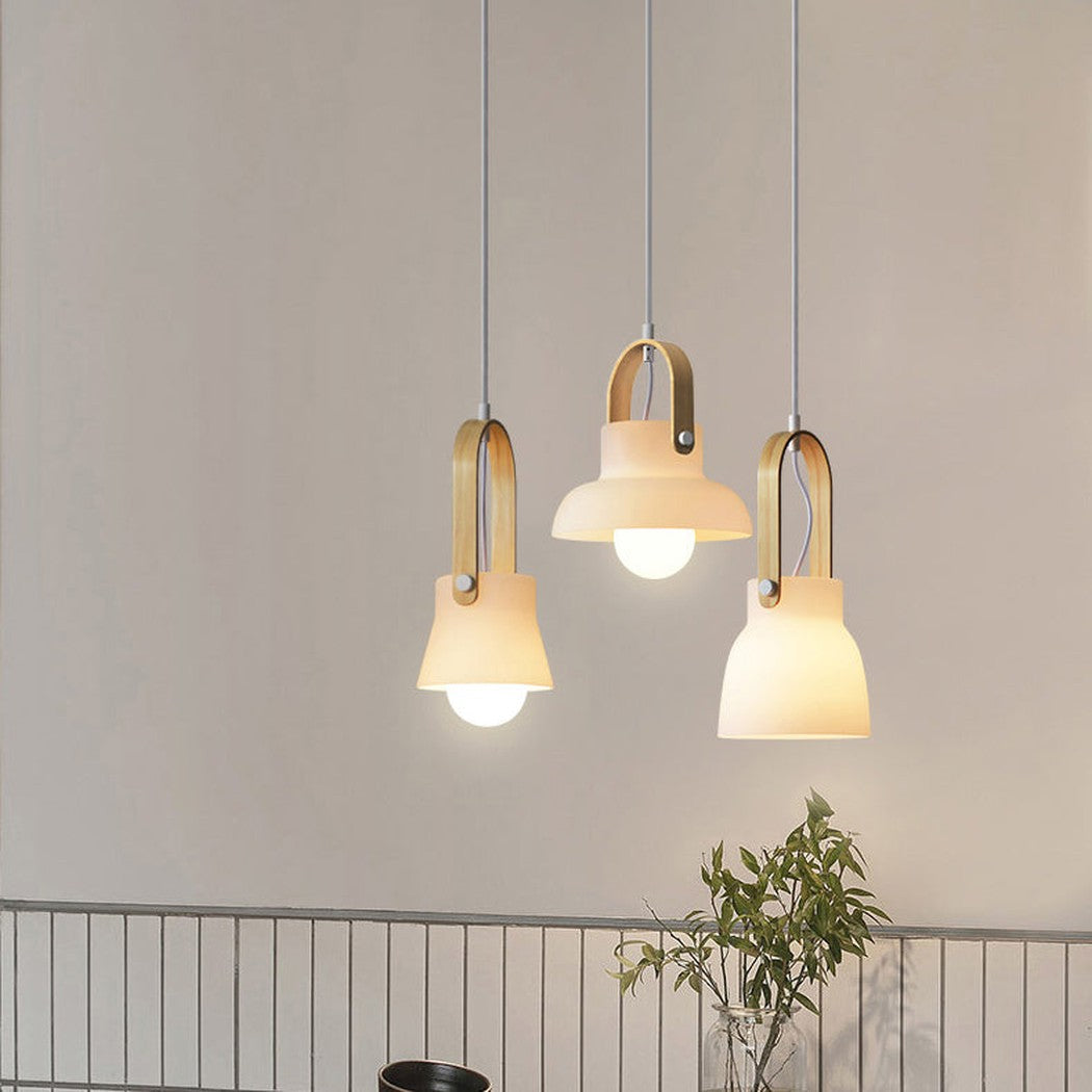 Skandi white milk glass wooden handle pendant light