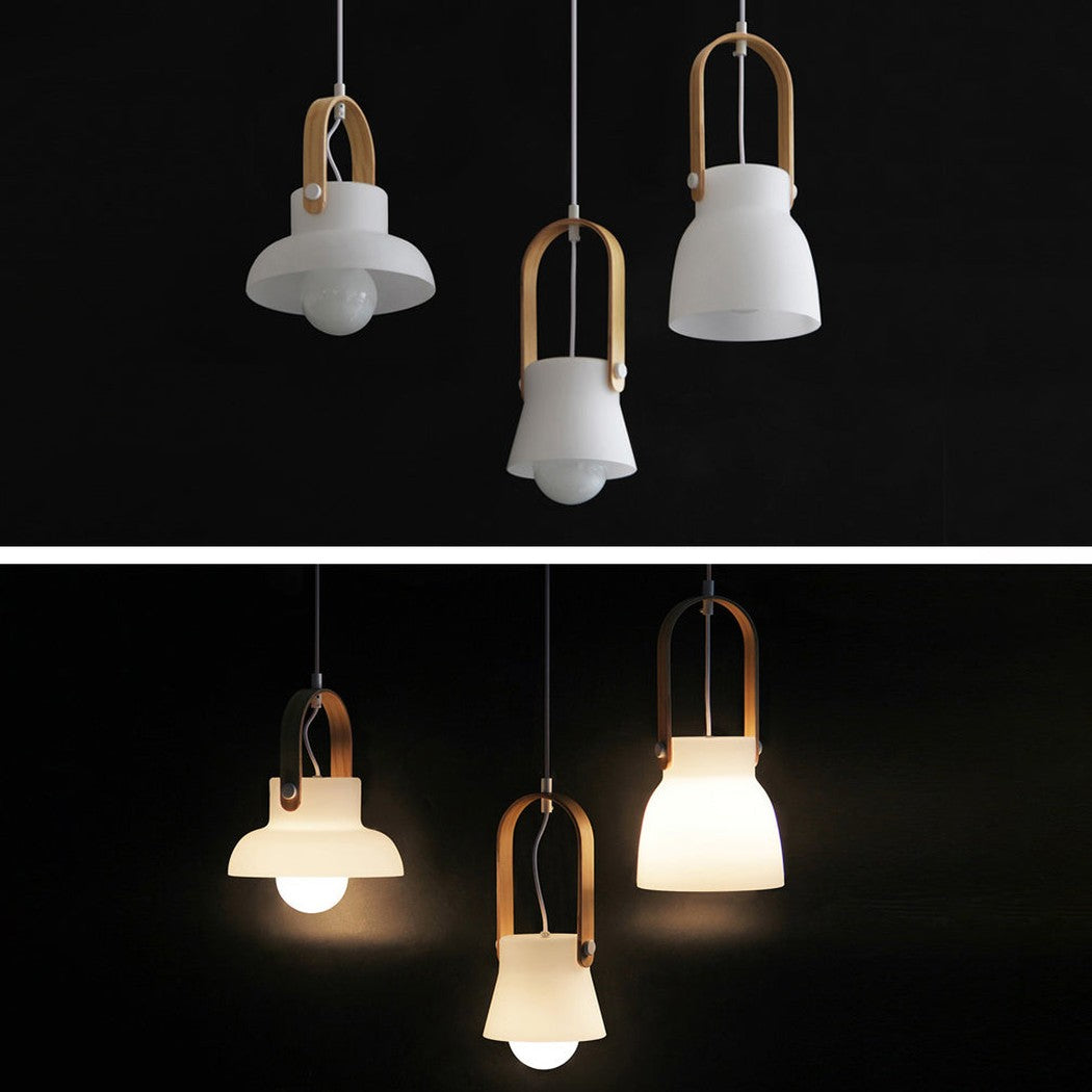 Skandi white milk glass wooden handle pendant light