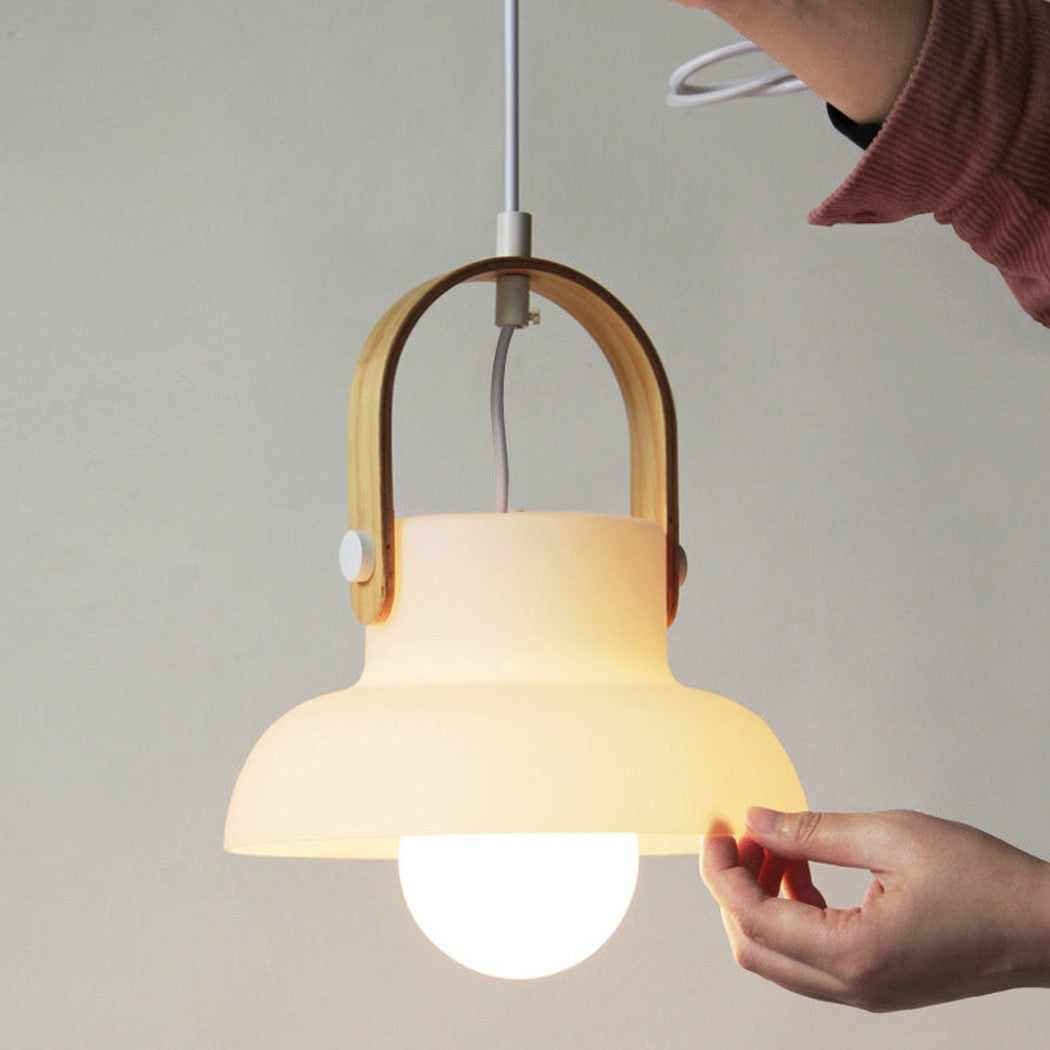 Skandi white milk glass wooden handle pendant light