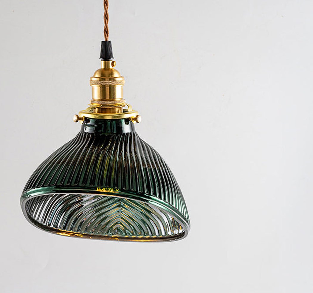 Emerald Green Fluted Shell Glass Art Deco Pendant Light