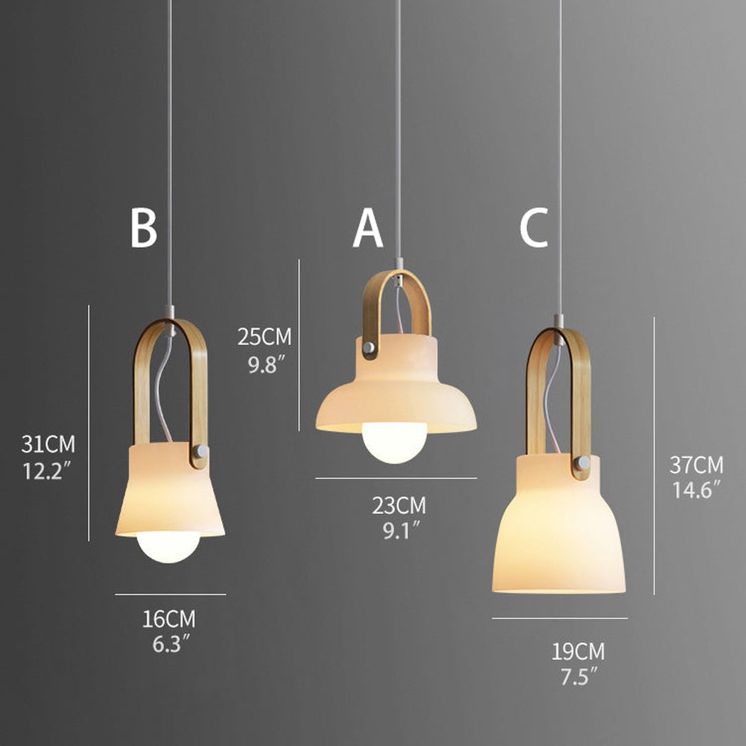 Skandi white milk glass wooden handle pendant light