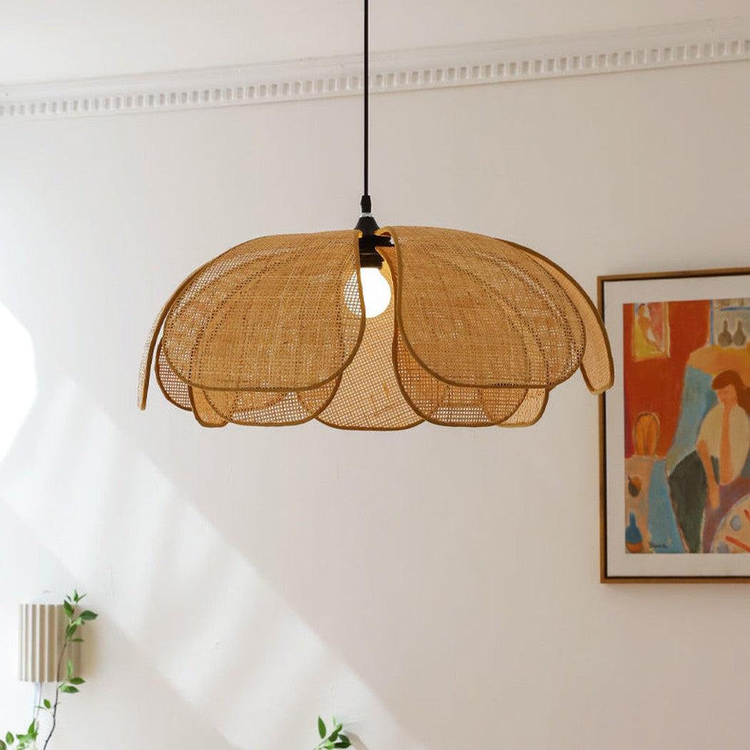 Cefalu Rattan Petals Floral Pendant Light close up installed