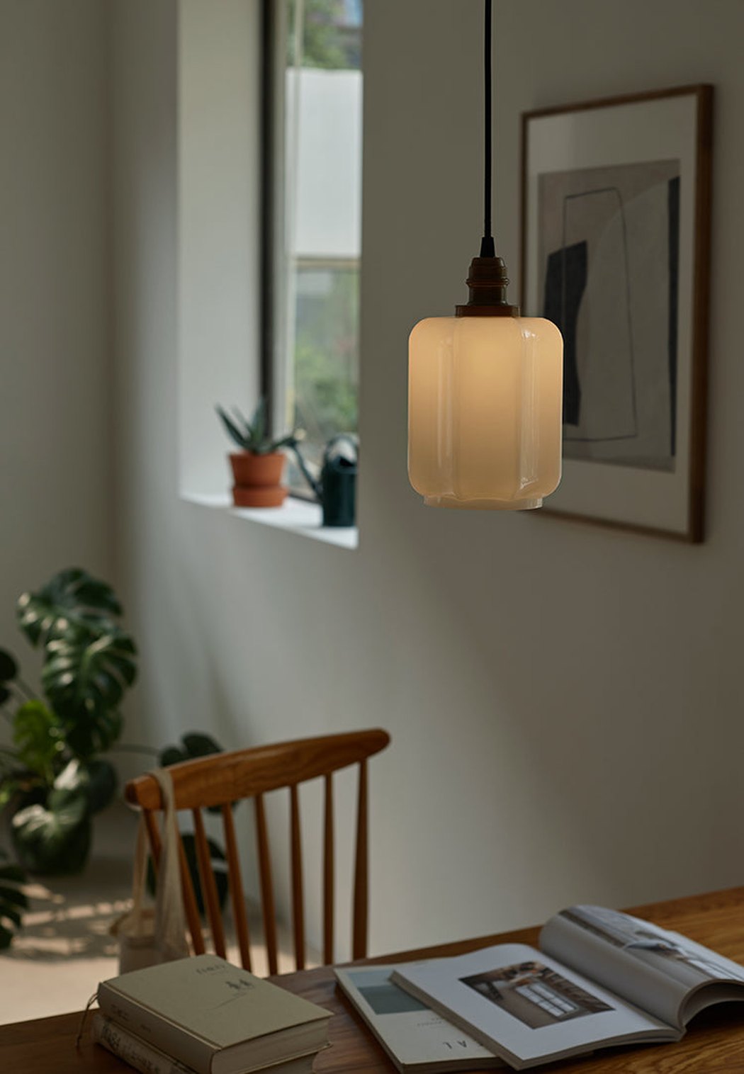 Art Deco Clarice Milk Glass Shade Brass Pendant Light