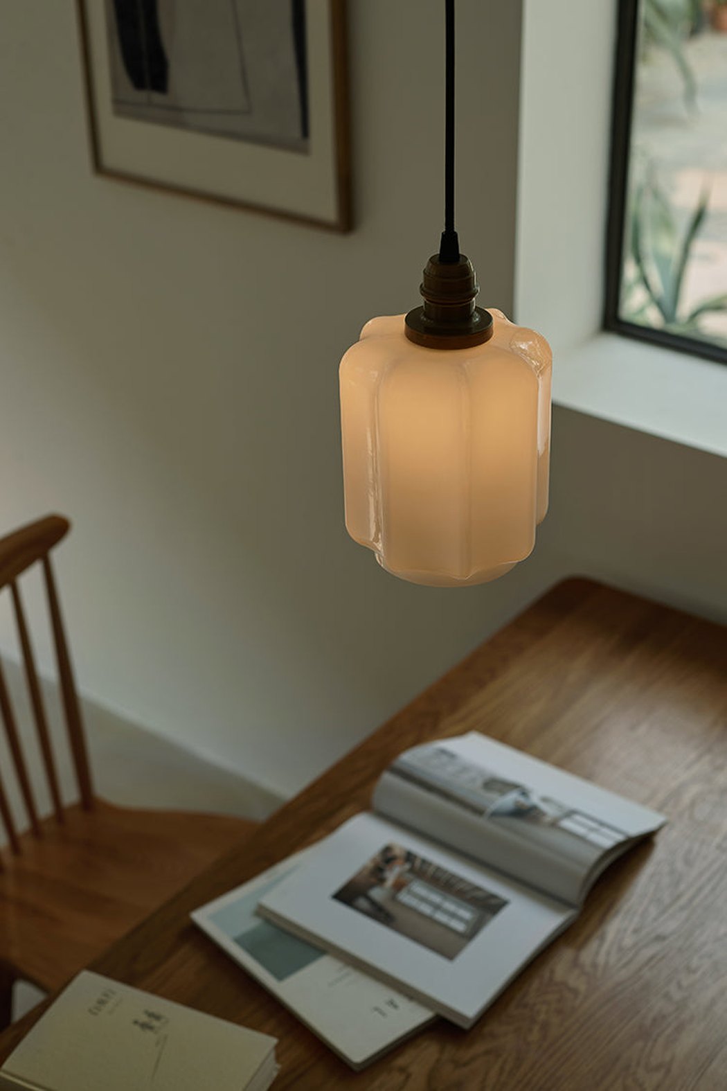 Art Deco Clarice Milk Glass Shade Brass Pendant Light