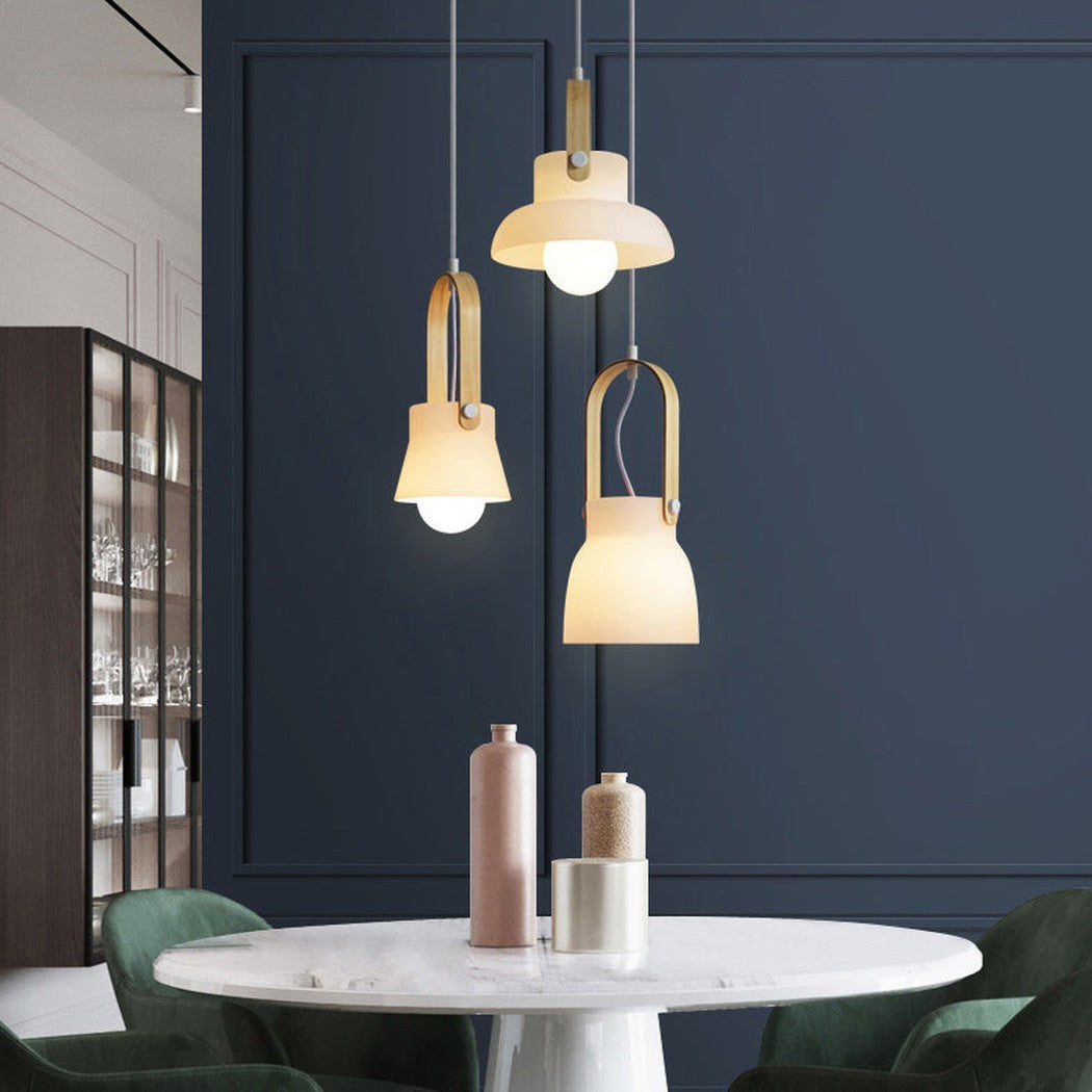 Skandi white milk glass wooden handle pendant light