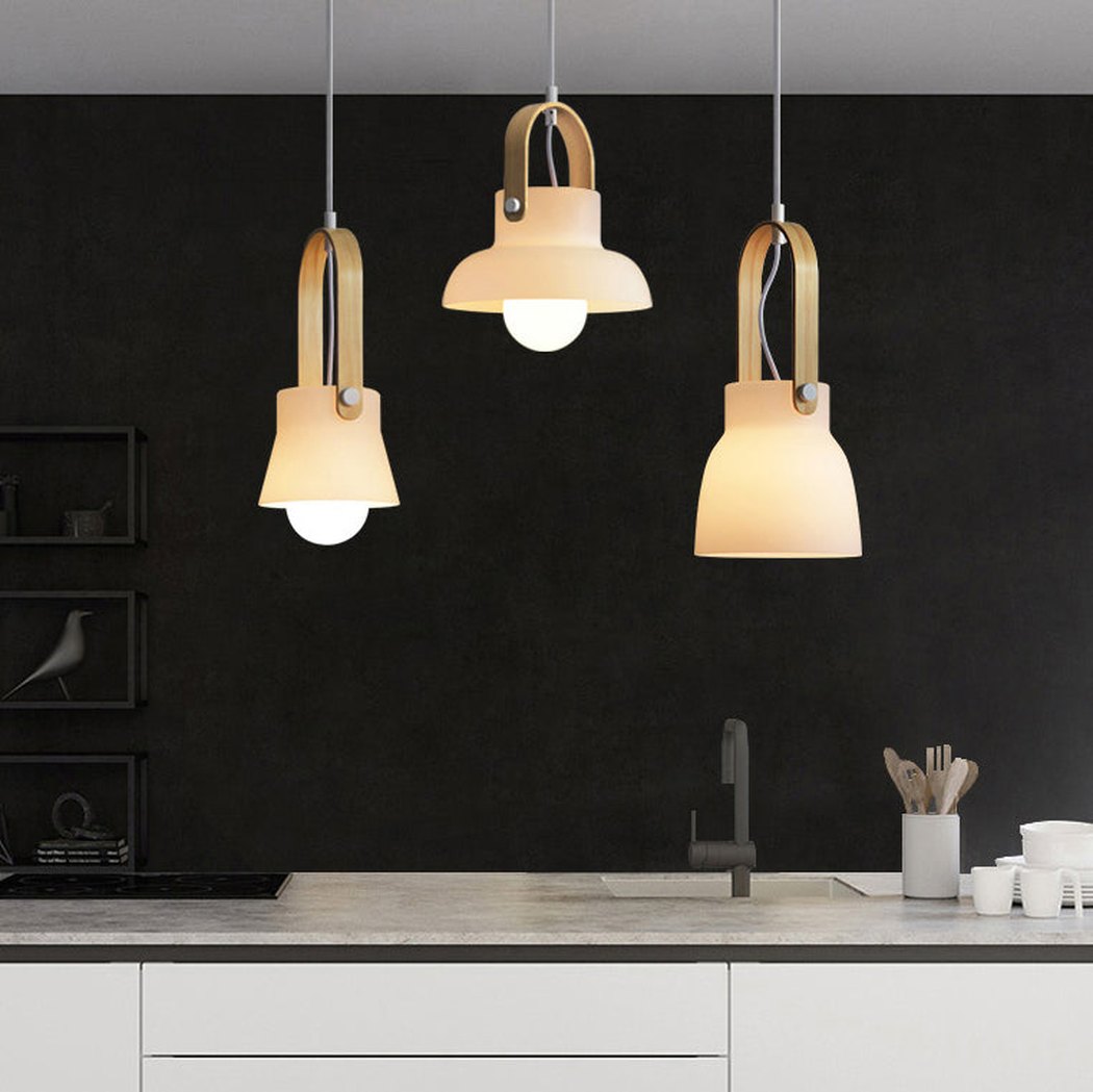 Skandi white milk glass wooden handle pendant light