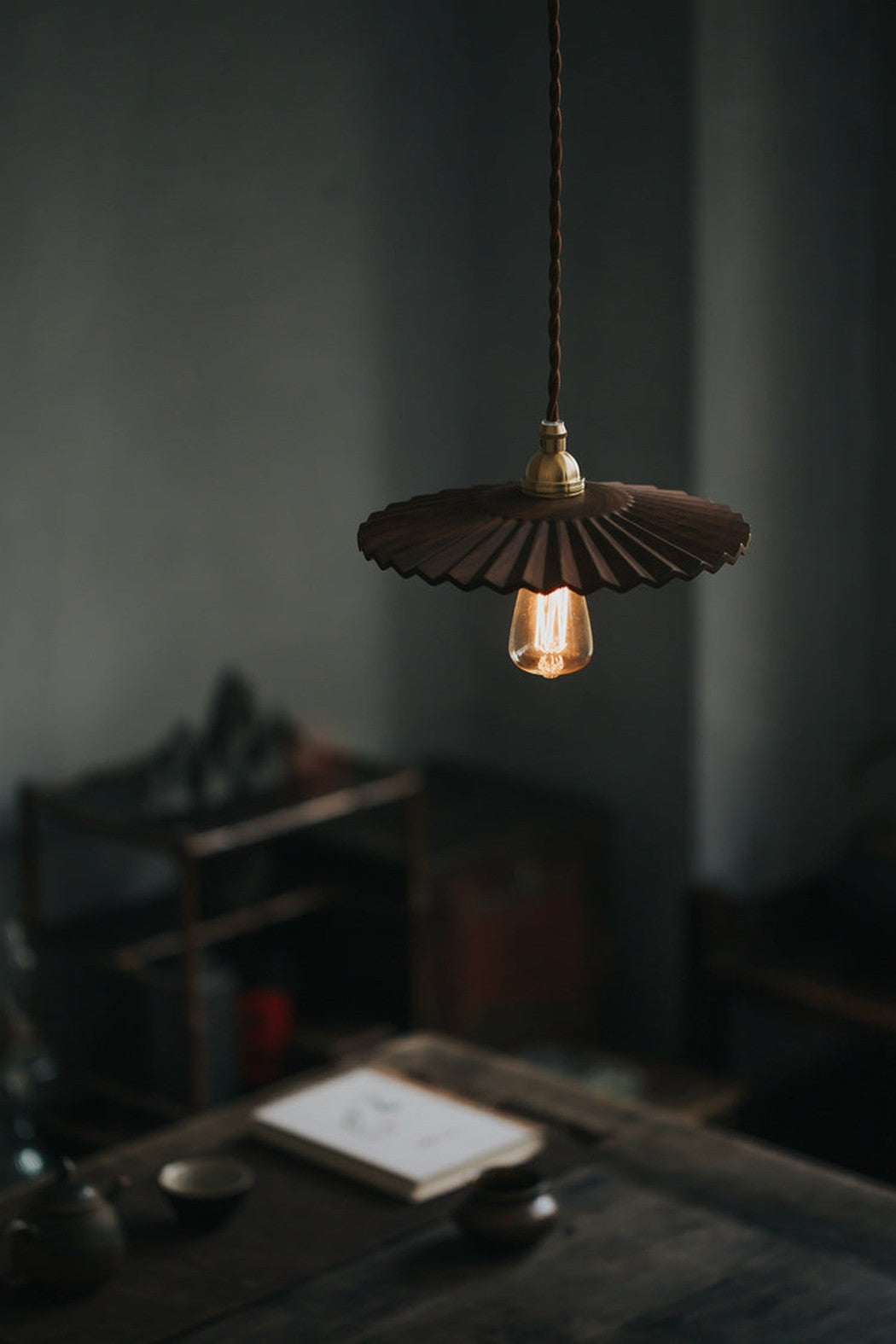 Caffeine fluted walnut wooden shade pendant light