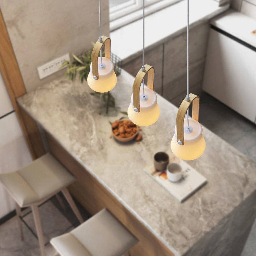 Skandi white milk glass wooden handle pendant light