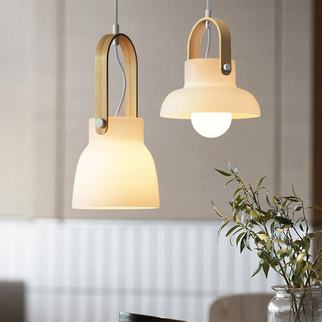 Skandi white milk glass wooden handle pendant light