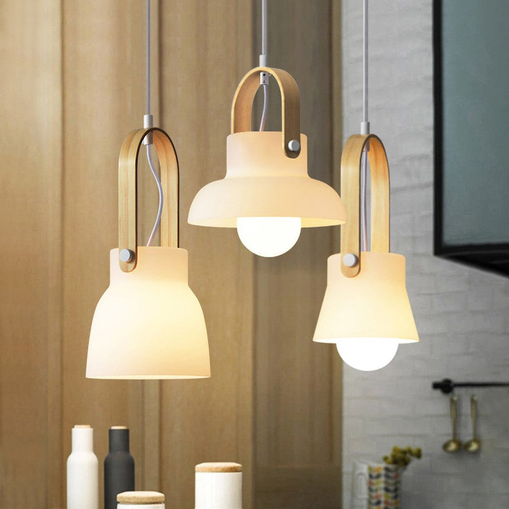 Skandi white milk glass wooden handle pendant light