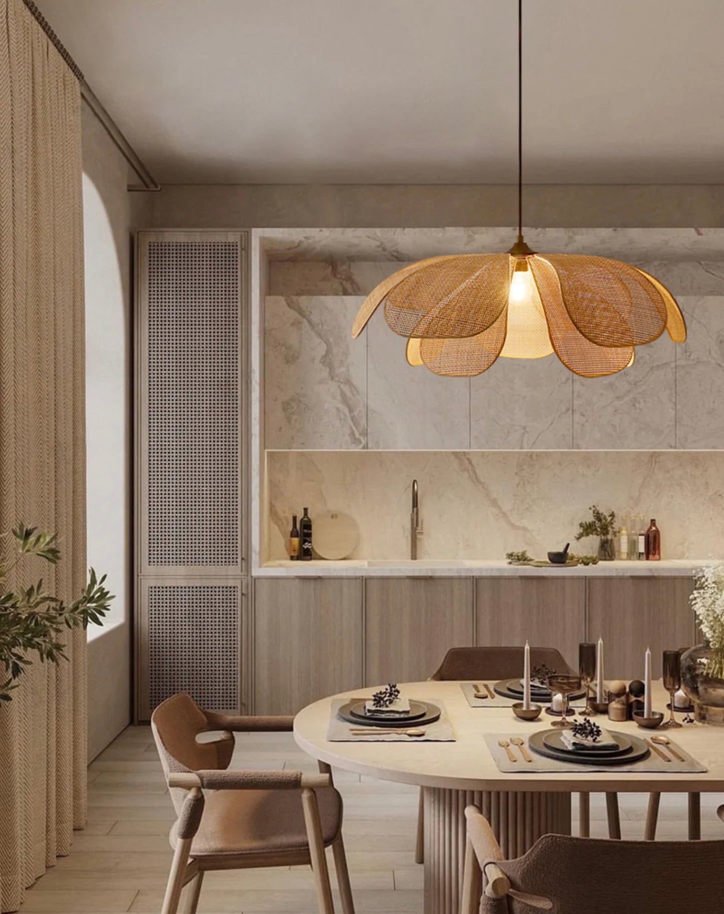 Cefalu Rattan Petals Floral Pendant Light installed in modern open plan kitchen and dining area specialty cafe style
