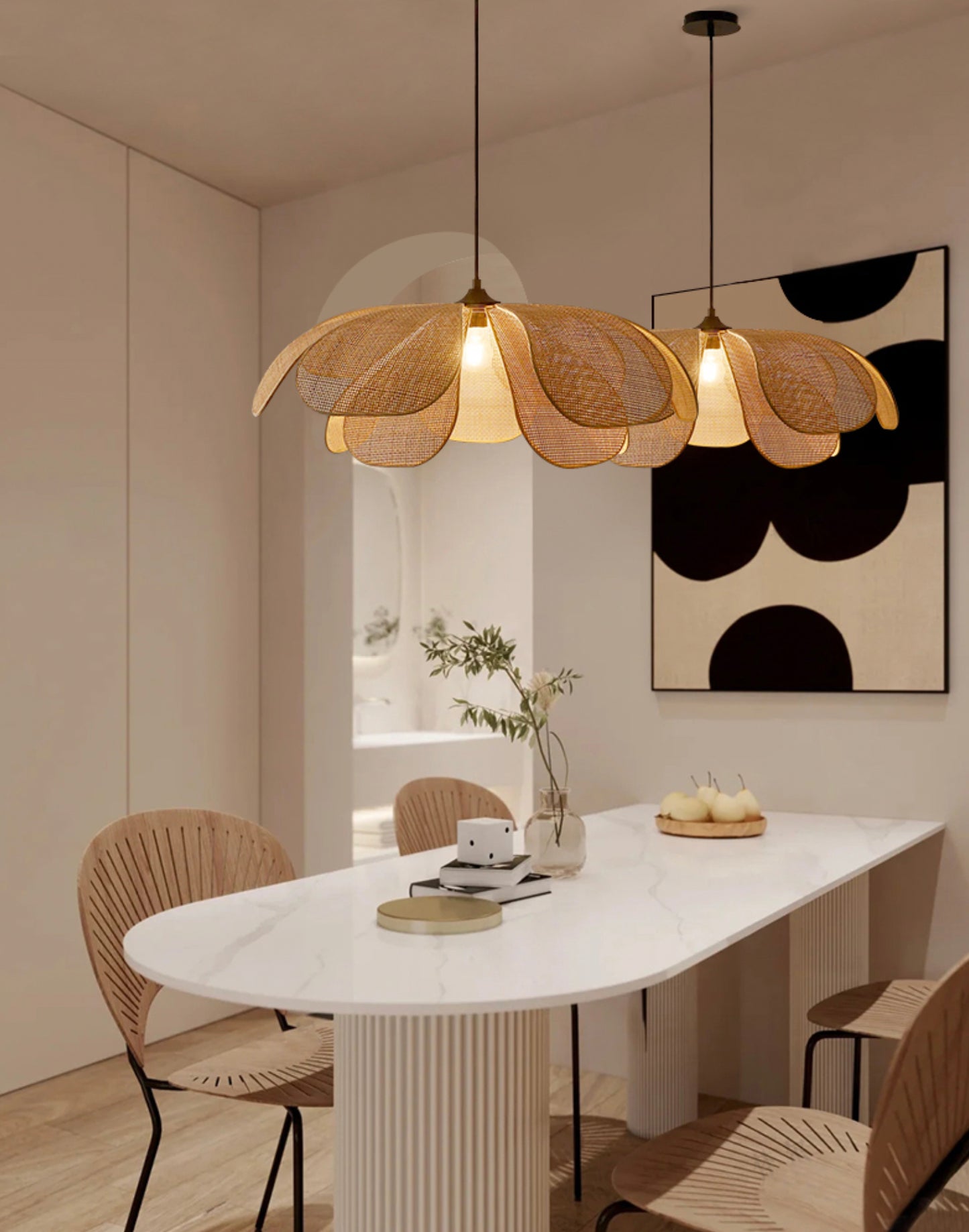 Cefalu Rattan Petals Floral Pendant Light installed in scandi plaster rendered style interior