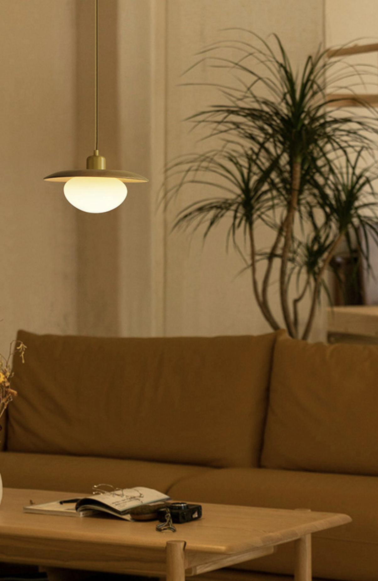 Kato wooden shade japandi pendant light lounge setting