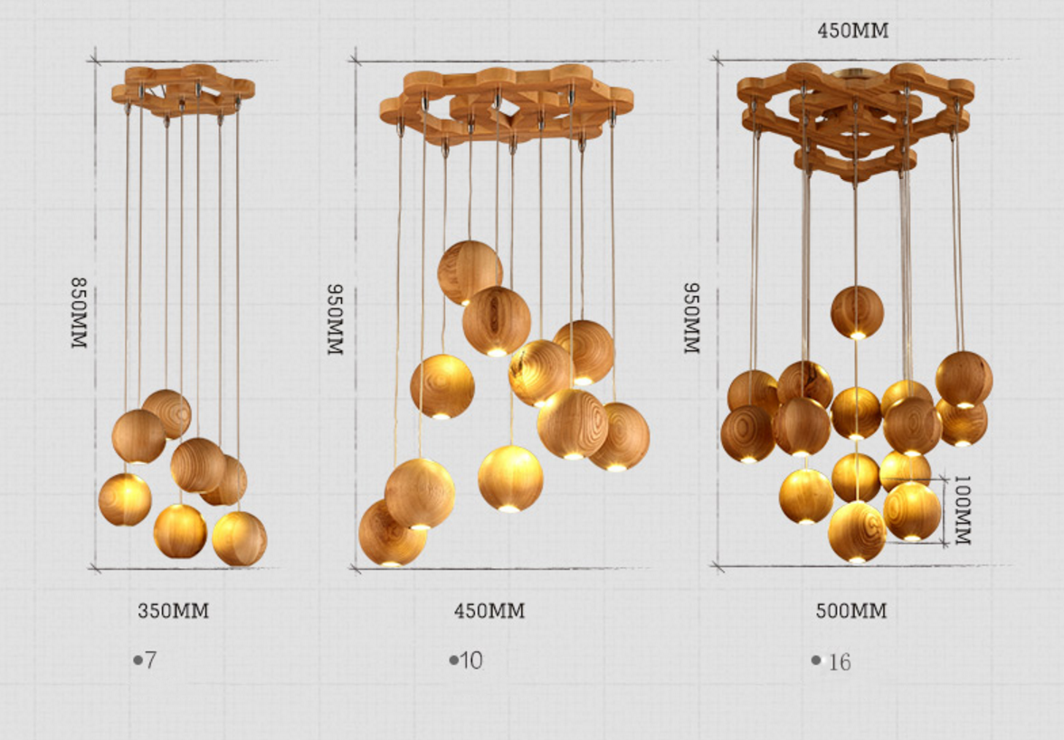 wooden orb Modern Contemporary Chandelier. Cluster Ceiling Light