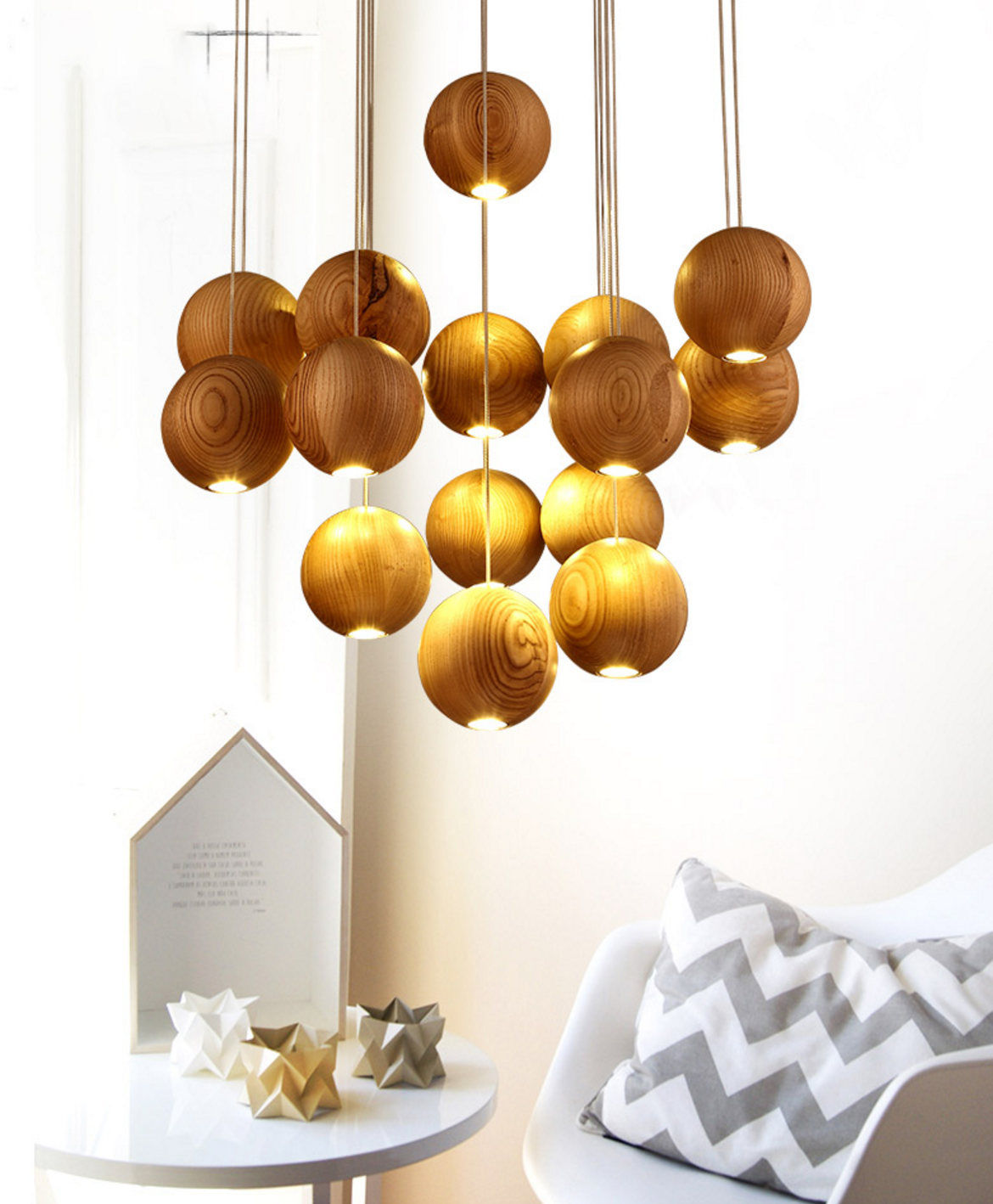 wooden orb Modern Contemporary Chandelier. Cluster Ceiling Light