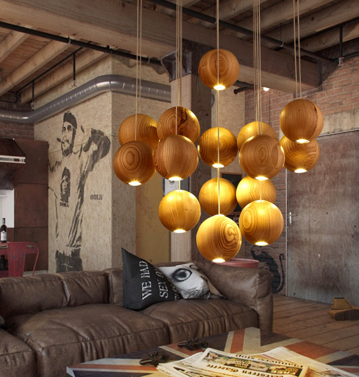 wooden orb Modern Contemporary Chandelier. Cluster Ceiling Light