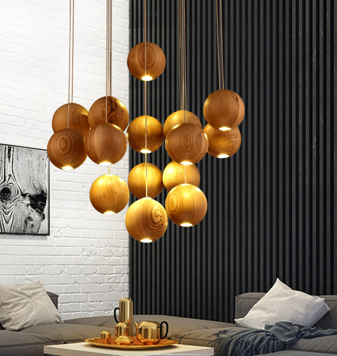 wooden orb Modern Contemporary Chandelier. Cluster Ceiling Light