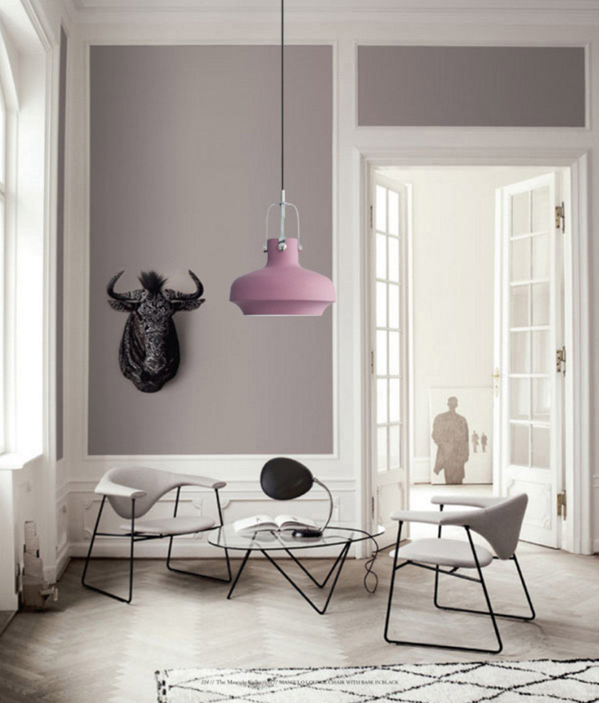 Rainier Contemporary Pendant Light pink in living room setting