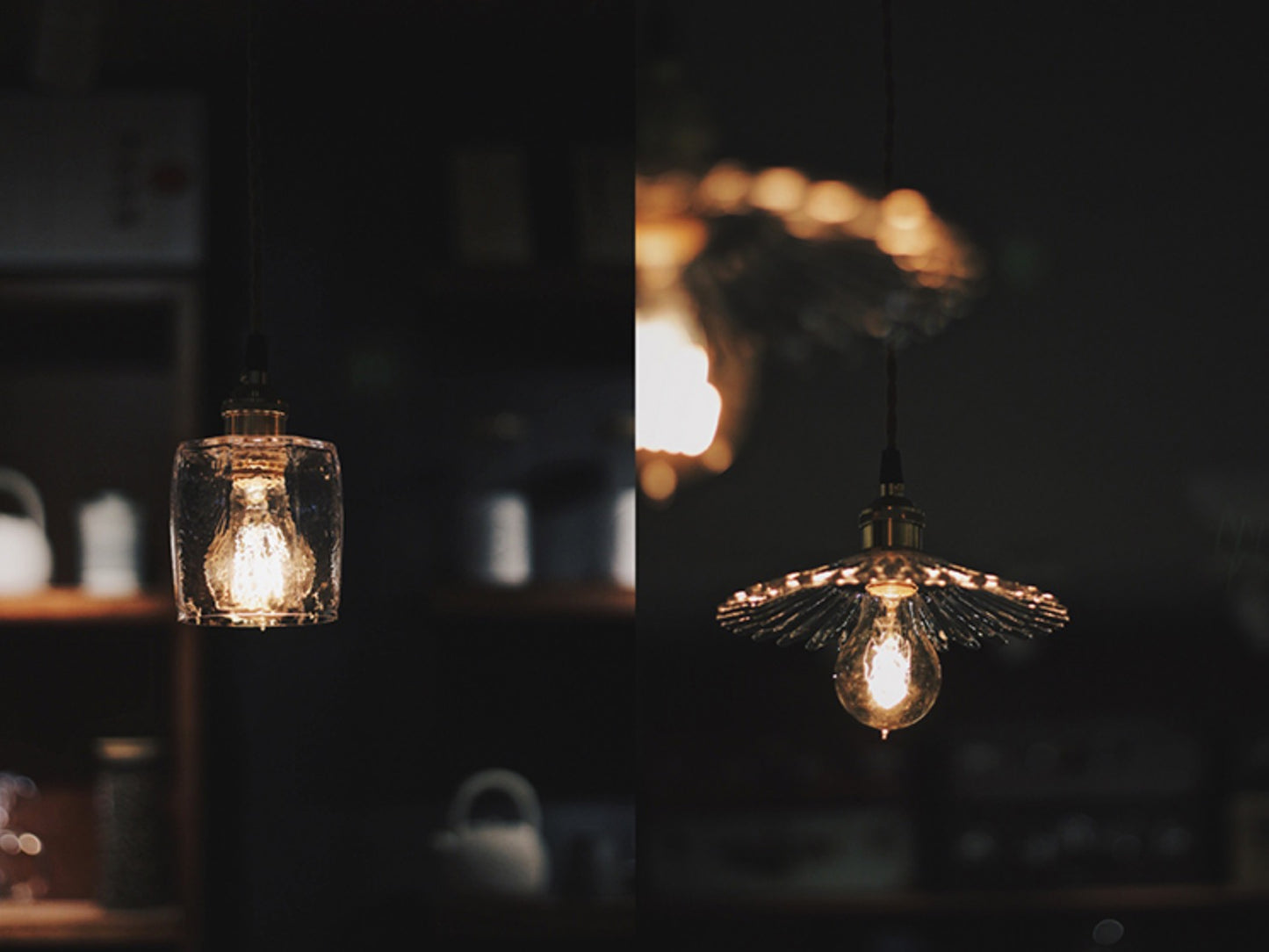 Petunia glass mid century pendant light - model C left model A right in use