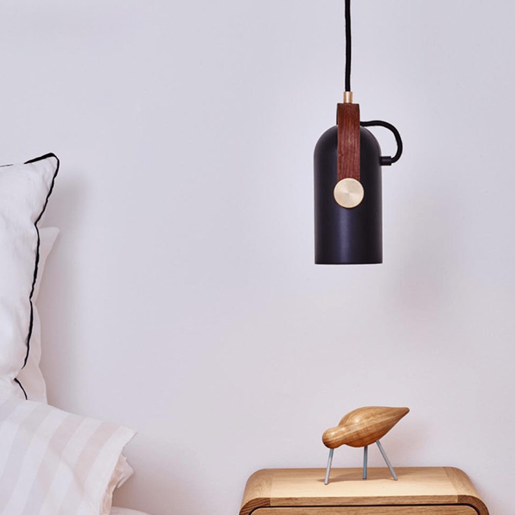 Black Spotlight Minimalist Line Wooden Brass Detail Pendant Light