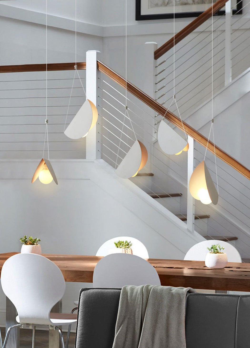 White glider pendant light chandelier dining table setting