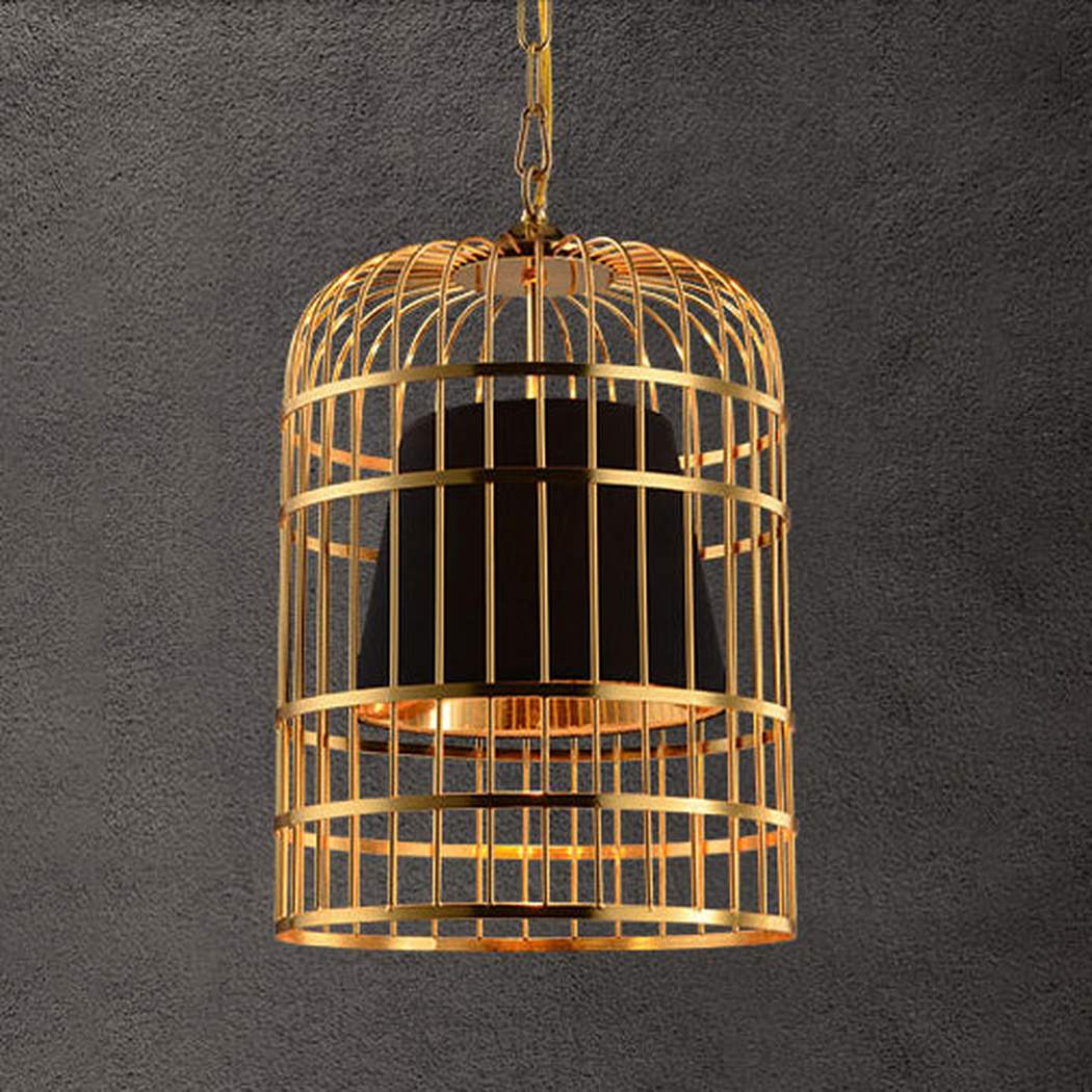 Brass Colour Bird Cage With Black Shade Pendant Light