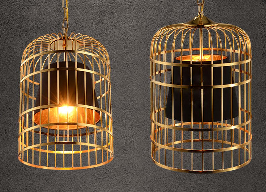 Brass Colour Bird Cage With Black Shade Pendant Light