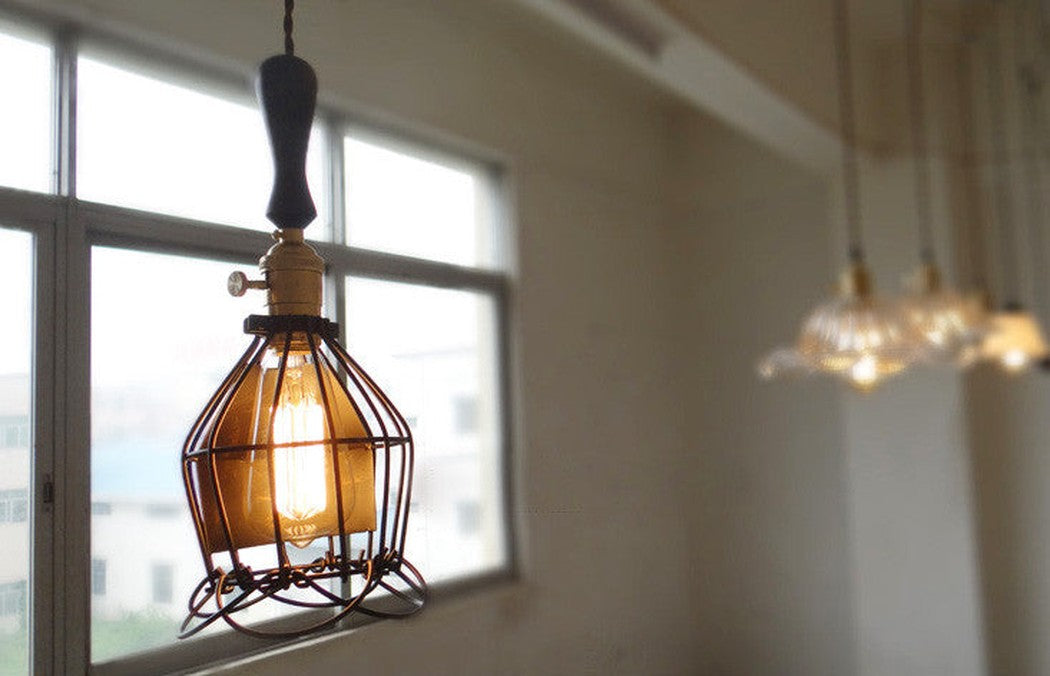 Industrial Loft Pendant Light With Wooden Handle