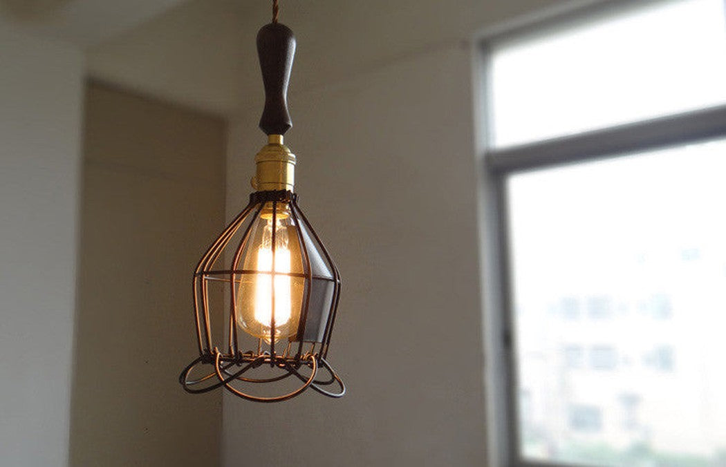 Industrial Loft Pendant Light With Wooden Handle