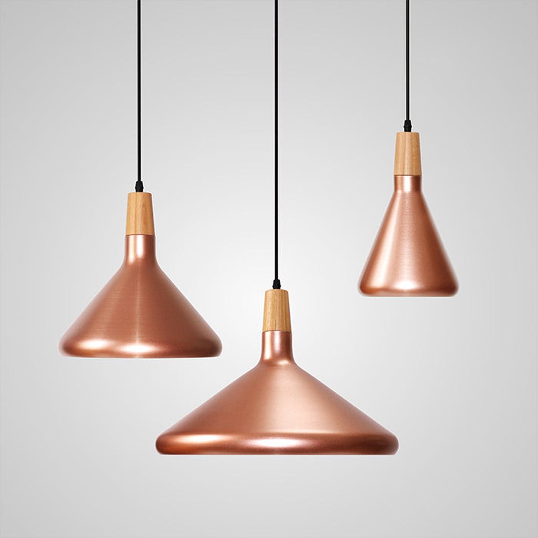 Kopar Minimalist Copper Brass Coloured Shade And Wooden Pendant Light