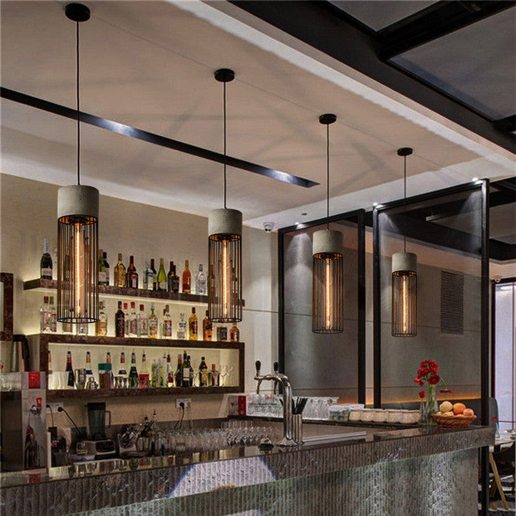 Long pencil concrete steel cage pendant light in cafe