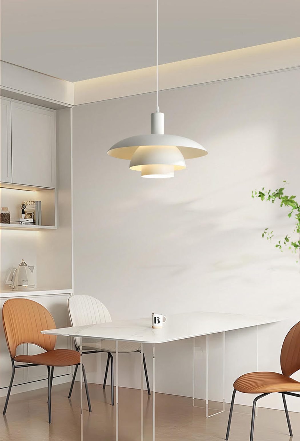 Otago white mid century modern pendant light in minimalist setting