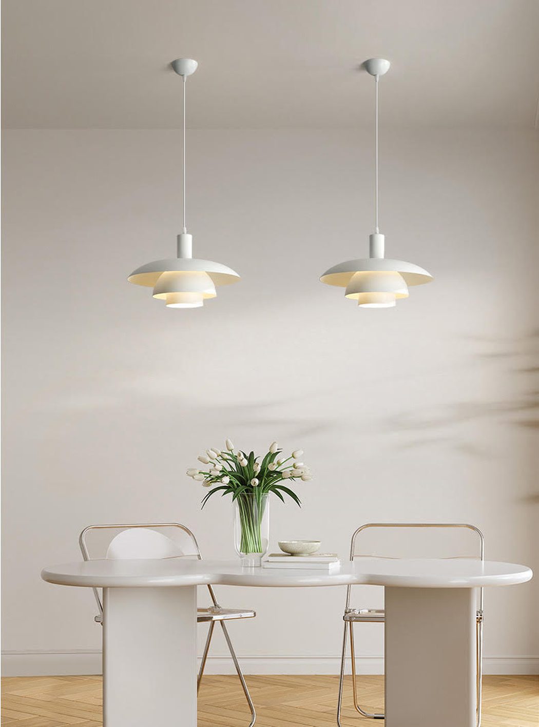 Otago white mid century modern pendant light in stylish modern dining room